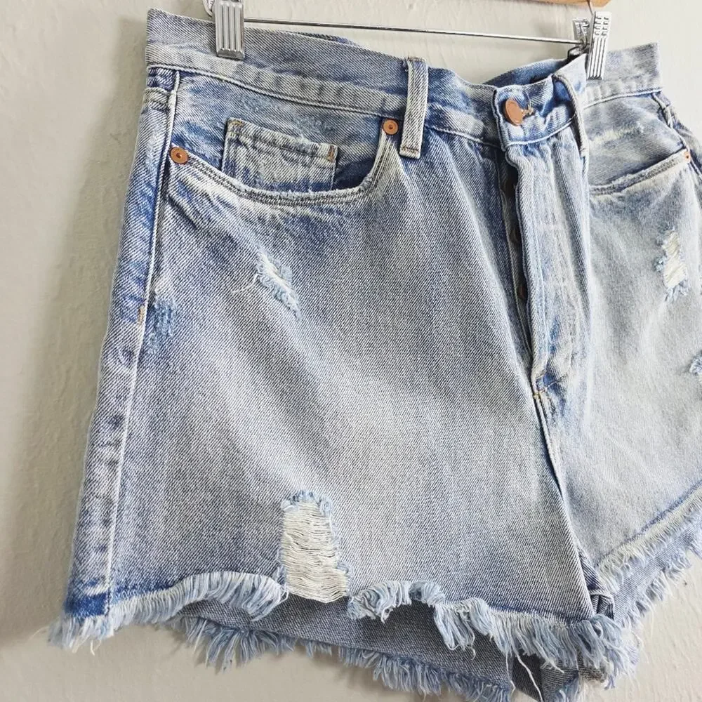 Blank NYC The Barrow Distressed High Waisted Cut Off Denim Shorts Blue Wash 32